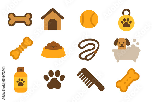 Dog care icons set with toy, bone, bath, shampoo, and leash on orange background
