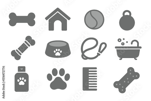 Dog care essentials: silhouettes of toys, grooming products, and accessories