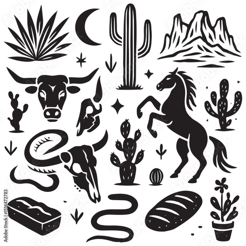 Linocut western boho set vector, Texas desert engraving print collection, vector canyon wildlife, cactus. 
Texture grunge Arizona rodeo graphics, bull, horse, snake, skull silhouette