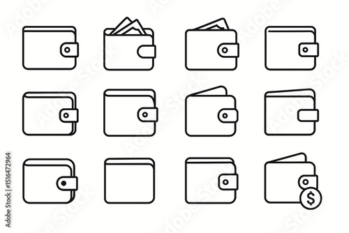 Set of twelve minimalist wallet icons in various styles with money symbols
