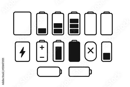 Set of battery icons representing various charge levels and symbols