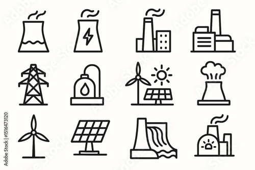 Renewable and non-renewable energy icons: nuclear, solar, wind, hydropower, oil