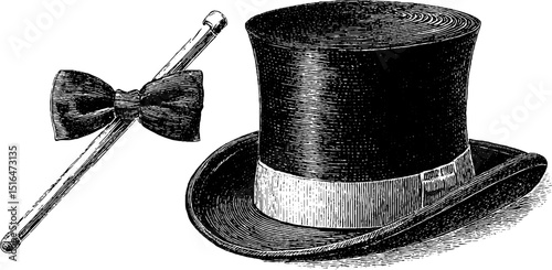 Vintage engraved top hat and bow tie illustration for classic fashion design