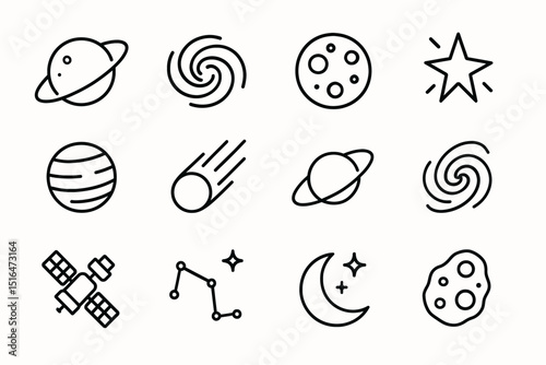 Minimalist space icons collection: planets, stars, and astronomical elements