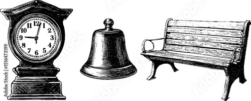 Antique train station elements: clock, bell, and bench for vintage design and decor