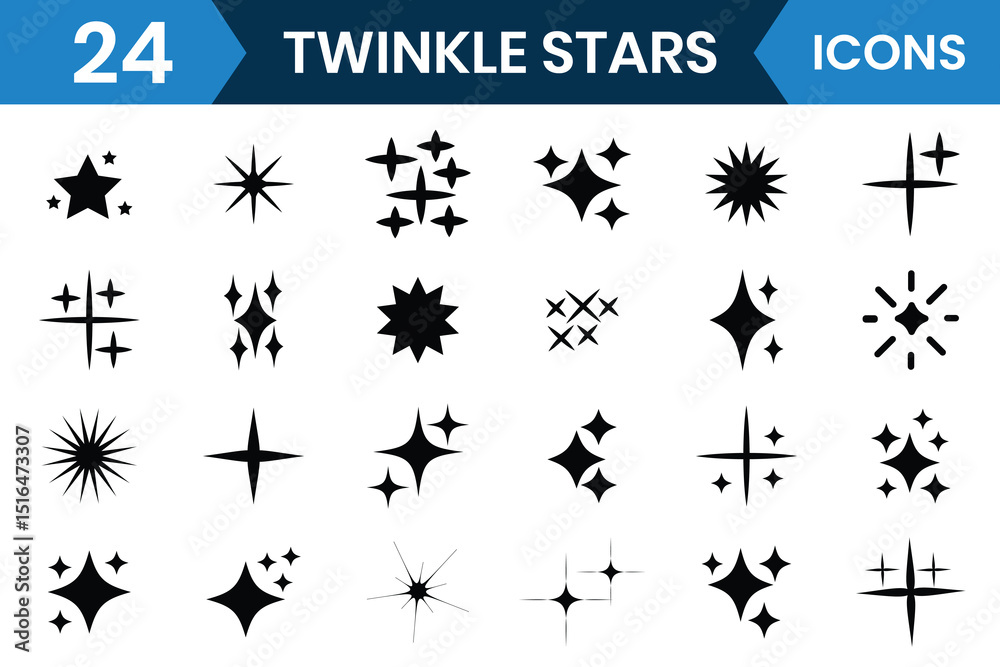 Naklejka premium Twinkle star icon, vector set. Twinkle star icon symbols. Set of twinkling stars vector, icon. Twinkling spark, shining star, Set of twinkling star vector illustration. 