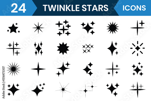 Twinkle star icon, vector set.  Twinkle star icon symbols. Set of twinkling stars vector, icon. Twinkling spark, shining star, Set of twinkling star vector illustration.	