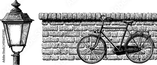 Vintage urban bicycle and street lamp engraving - classic transportation design