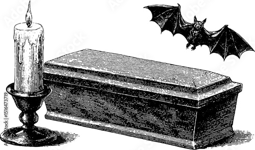 Vintage halloween illustration with vampire coffin, candle, and bat for spooky decor