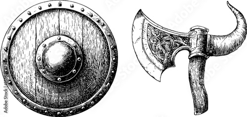 Engraved viking axe and round shield illustration for historical design