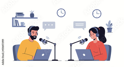 Two individuals are podcasting, discussing and recording audio through microphones and laptops.