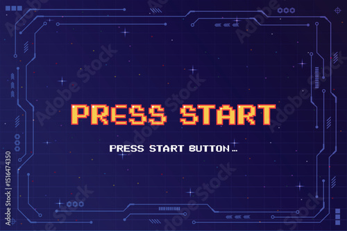 PRESS START INSERT A COIN TO CONTINUE. pixel art. 8 bit game. retro game. for game assets .Retro Futurism Sci-Fi Background. glowing neon grid. and stars from vintage arcade computer games