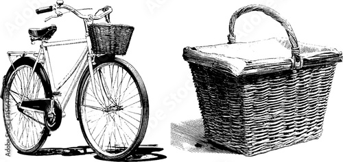 Vintage bicycle and basket engraving art for nostalgic design and decor