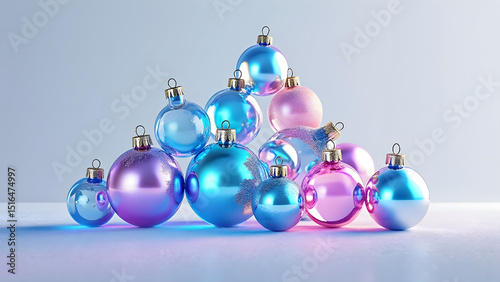Colorful Christmas baubles in blue and pink shades stacked in pyramid shape on light surface with soft lighting and clean background