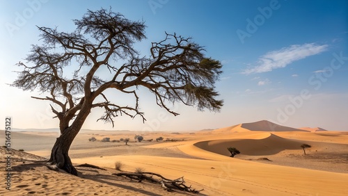 Desert tree in arid land: a resilient tree in a hot arid climate with sand dunes and blue sky on the horizon.
