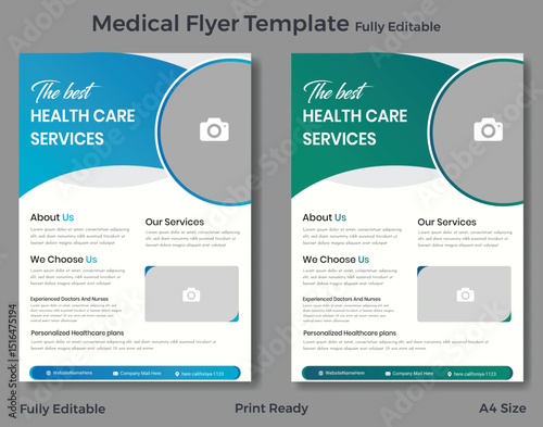 Modern medical flyer template design with healthcare services promotion in editable a4 size for advertising.
