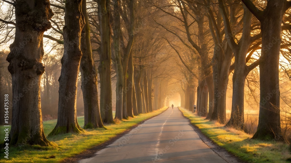 Naklejka premium Road to Serenity: A scenic road disappears into the distance, lined with towering trees that create a tunnel-like effect, bathed in the golden light of dawn, inviting contemplation.