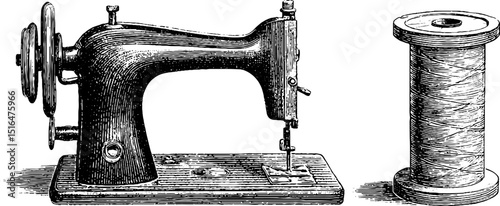 Intricate vintage sewing machine illustration with thread spool for design and craft enthusiasts