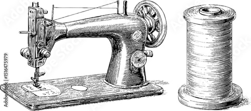 Vintage sewing machine and spool engraving for antique craft design