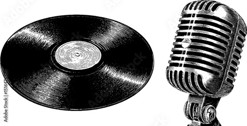 Vintage music illustration set featuring vinyl record and microphone for retro design projects