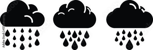 Set of black rain cloud icons with raindrops and weather variations on white background
