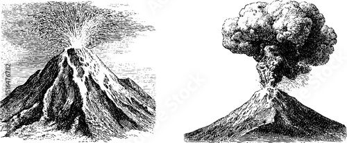 Engraved illustration set of volcano eruption for nature and geology studies