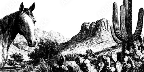 Engraved illustration of wild mustang in desert landscape with cacti and mountains