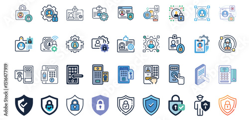 Access Control and Security Icons.  Digital Identity, Biometrics, Secure Login, MFA, Shield Lock, Encryption Symbols for Business Use, Network Security, UI Design, and App Interfaces