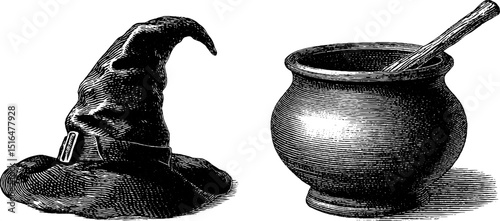 Engraved witch hat and cauldron illustration for halloween designs and decorations