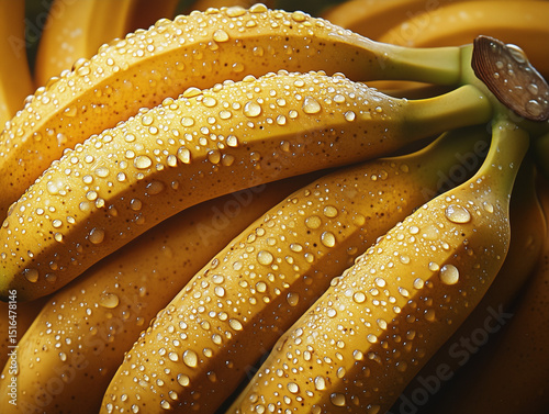 
Freshly washed bananas, still attached at the stem, with numerous water droplets clinging to their bright yellow surfaces