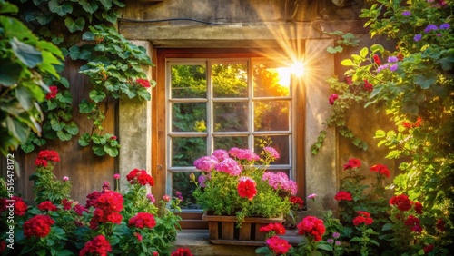 Sunlit Window with Vibrant Blooms and Lush Greenery in a Rustic Setting