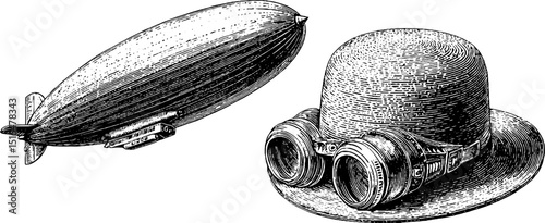 Vintage zeppelin airship and aviator hat with goggles engraving set for historical design