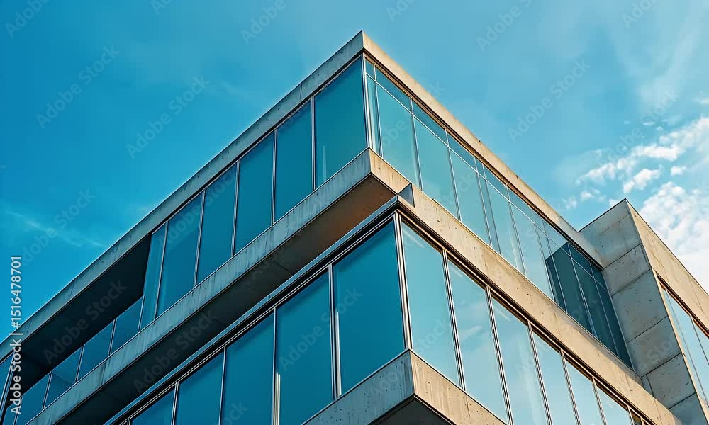 Modern Architecture Building with Blue Glass Windows Under Clear Blue Sky Low Angle View Optimized for Adobe Stock