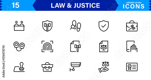 Law & Justice Icon Set Featuring Court, Lawyer, Gavel, Justice Scale, and Legal Concepts in a Clean, Professional Vector Style for Stock Use