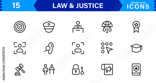 Law & Justice Icon Set Featuring Court, Lawyer, Gavel, Justice Scale, and Legal Concepts in a Clean, Professional Vector Style for Stock Use