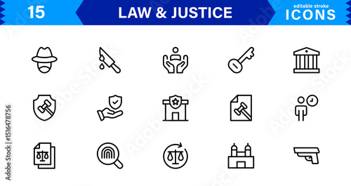 Law & Justice Icon Set Featuring Court, Lawyer, Gavel, Justice Scale, and Legal Concepts in a Clean, Professional Vector Style for Stock Use