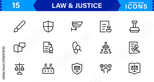 Law & Justice Icon Set Featuring Court, Lawyer, Gavel, Justice Scale, and Legal Concepts in a Clean, Professional Vector Style for Stock Use