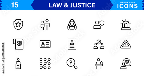 Law & Justice Icon Set Featuring Court, Lawyer, Gavel, Justice Scale, and Legal Concepts in a Clean, Professional Vector Style for Stock Use