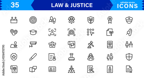 Law & Justice Icon Set Featuring Court, Lawyer, Gavel, Justice Scale, and Legal Concepts in a Clean, Professional Vector Style for Stock Use