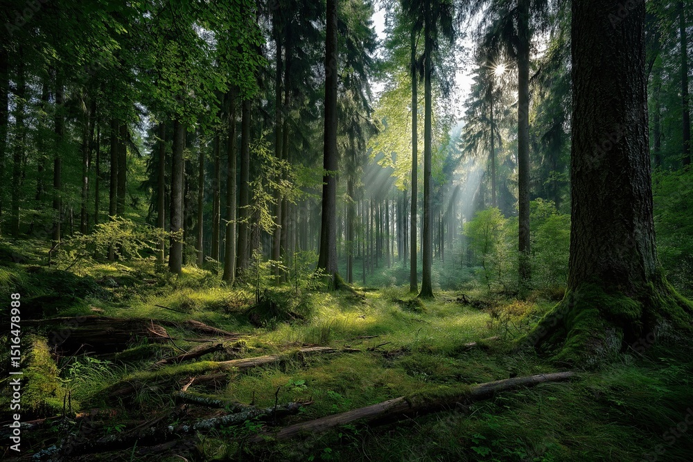 Naklejka premium Dense forest canopy with sunbeams illuminating natural foliage, perfect for environmental websites, eco-tourism promotions and calendar designs.