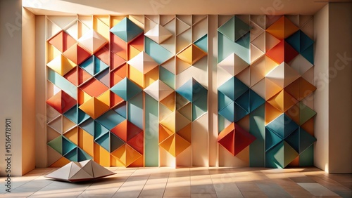 Modern Interior Design Featuring a Geometric Wall Panel with Vibrant Hues and Subtle Light Play