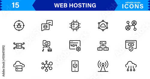 Vector Icon Collection for Web Hosting Including Server Management, Cloud Hosting, Domains, Security, and Web Infrastructure Tools for Digital Assets