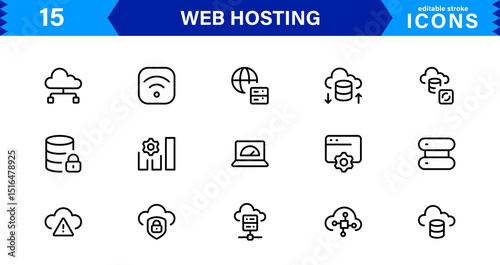 Vector Icon Collection for Web Hosting Including Server Management, Cloud Hosting, Domains, Security, and Web Infrastructure Tools for Digital Assets