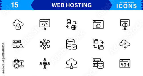 Vector Icon Collection for Web Hosting Including Server Management, Cloud Hosting, Domains, Security, and Web Infrastructure Tools for Digital Assets