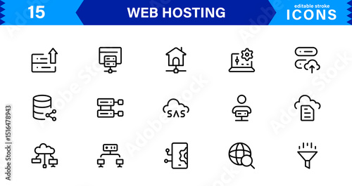 Vector Icon Collection for Web Hosting Including Server Management, Cloud Hosting, Domains, Security, and Web Infrastructure Tools for Digital Assets