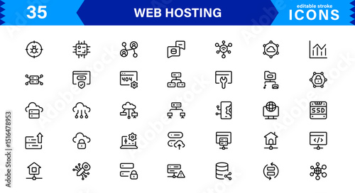 Vector Icon Collection for Web Hosting Including Server Management, Cloud Hosting, Domains, Security, and Web Infrastructure Tools for Digital Assets