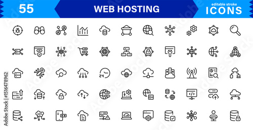 Vector Icon Collection for Web Hosting Including Server Management, Cloud Hosting, Domains, Security, and Web Infrastructure Tools for Digital Assets