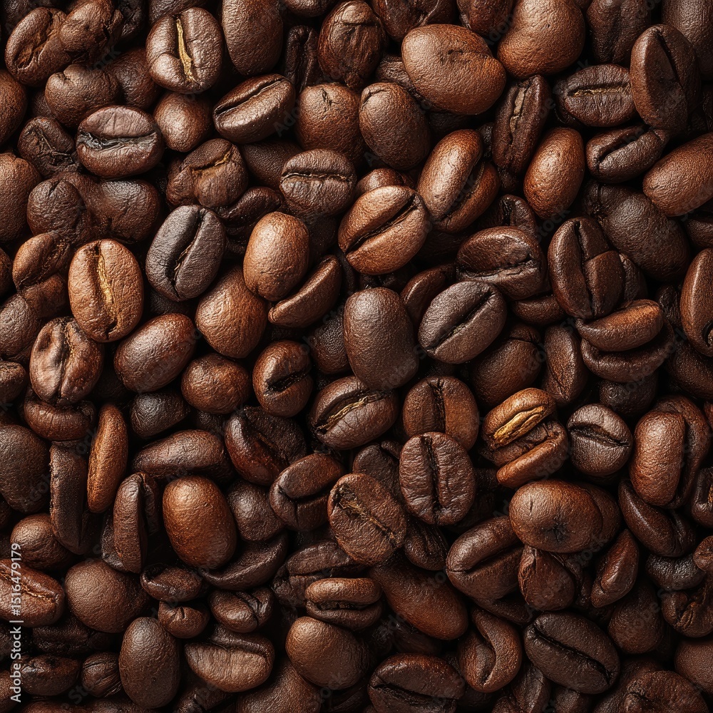 Fototapeta premium Roasted coffee beans close up. A rich, dark, and textured display of coffee beans, perfect for a coffee lover