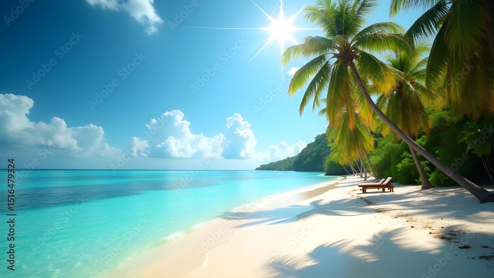 Coconut Palms Swaying Over a Sunlit Tropical Beach Coconut Palms Swaying Over a Sunlit Tropical Beach