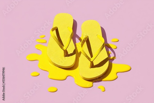 Yellow flip flops melting on pink background	